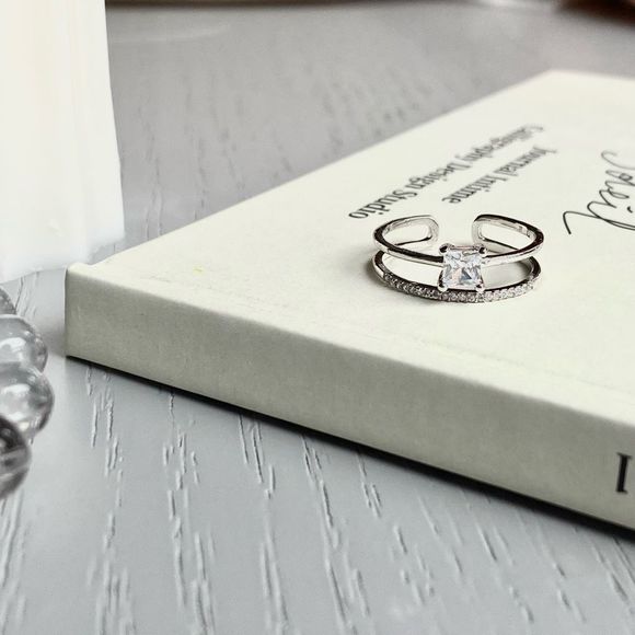 Jewelry - White Gold Plated Silver Princess Cut CZ Double Band Engagement Ring